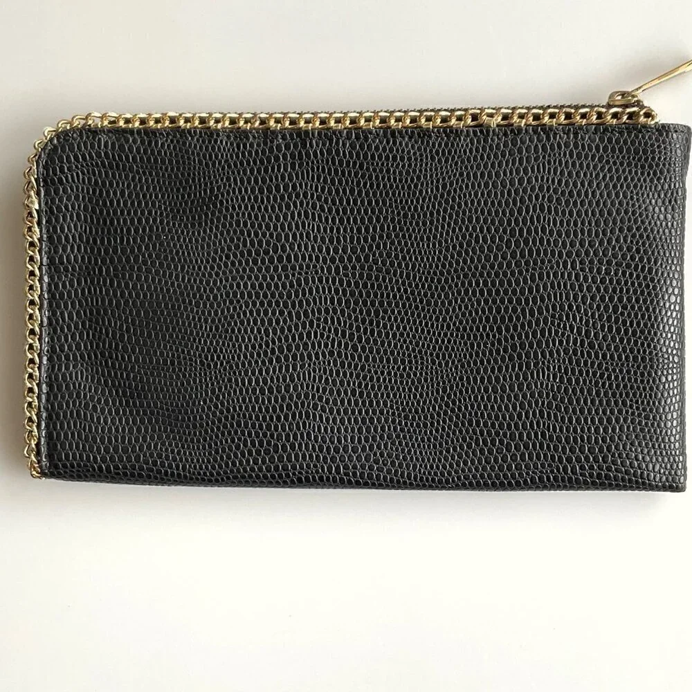 BLACK FAUX  SNAKE SKIN CLUTCH PURSE WITH  GOLD CHAIN DETAIL